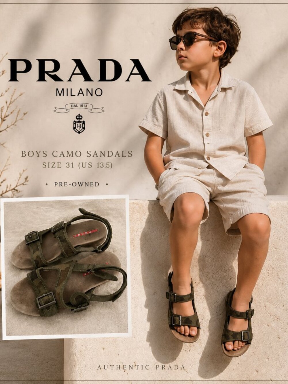 PRADA Boys Camo Suede Sandals Little Kid Size 31 US 13.5 Adjustable Straps